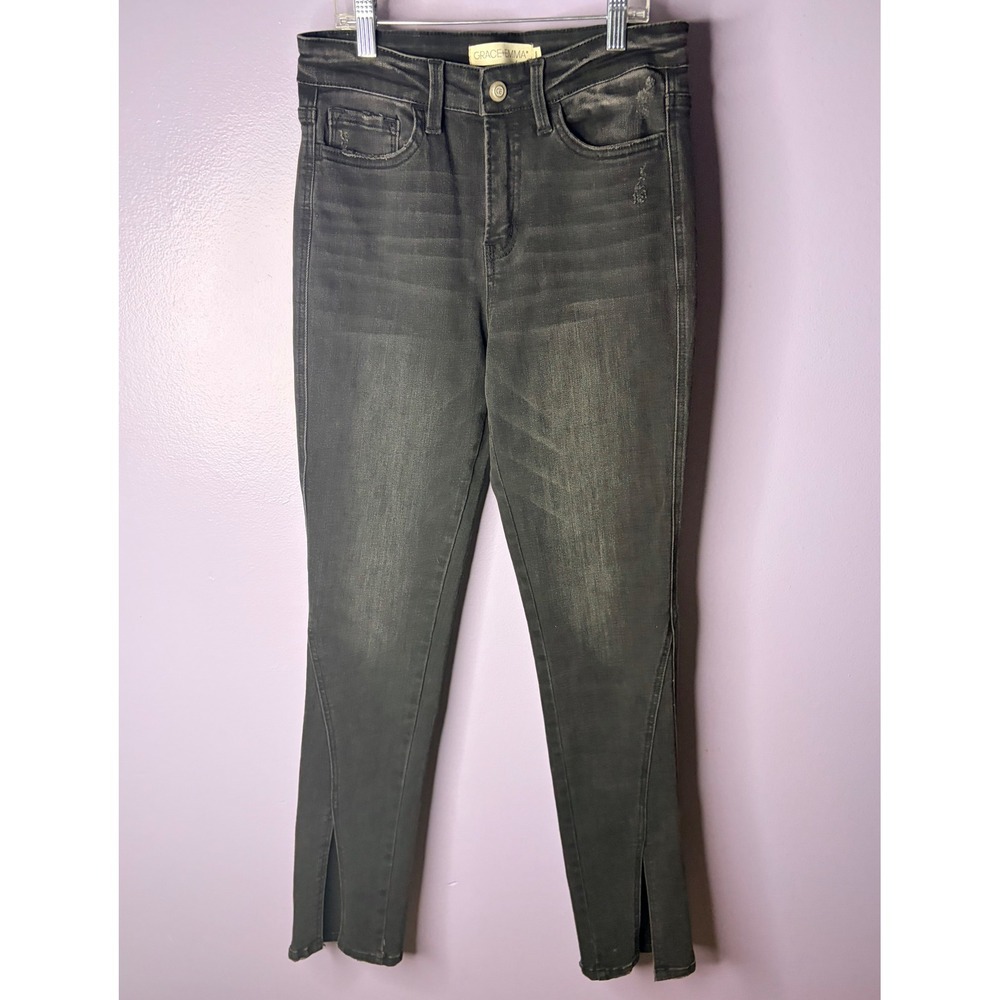 Grace+Emma‎ Black Distressed Skinny Jeans Size 8 Raw Hem Slit Stretch